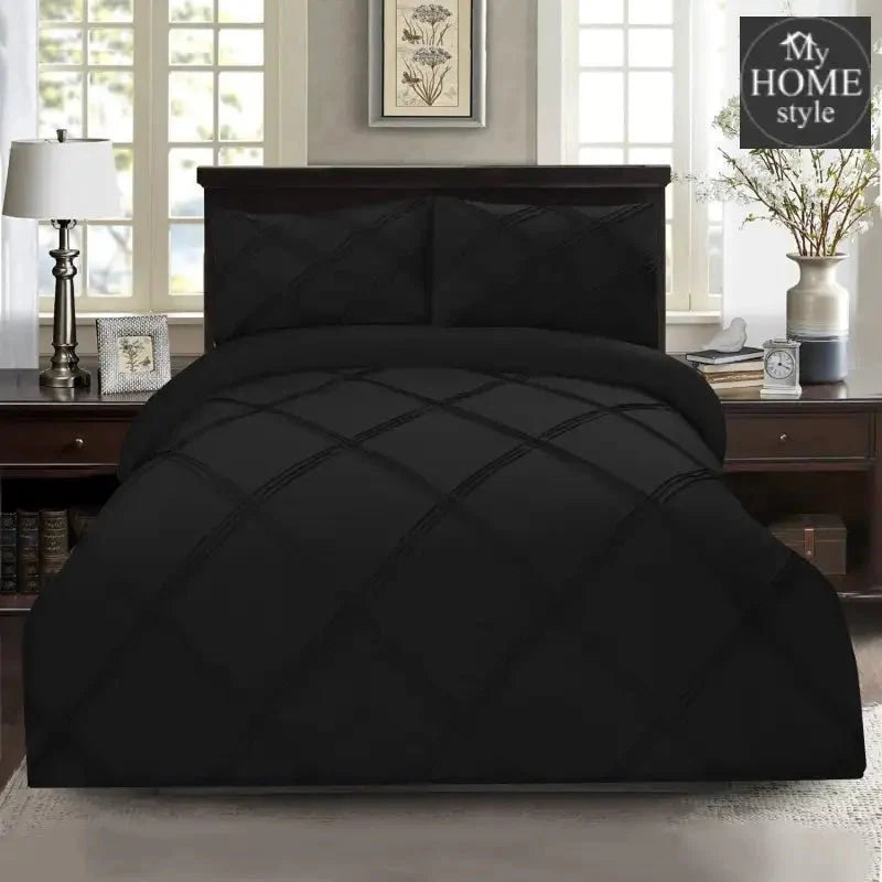 3 Pcs 3 Row Cross Pleated Duvet Set - Black