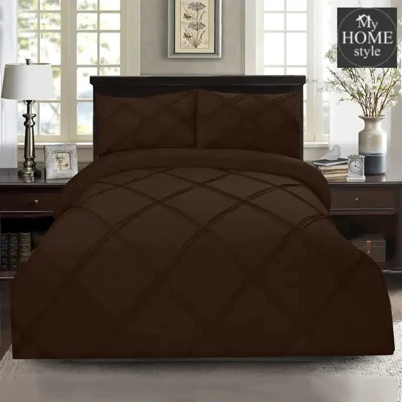 3 Pcs 3 Row Cross Pleated Duvet Set - Brown