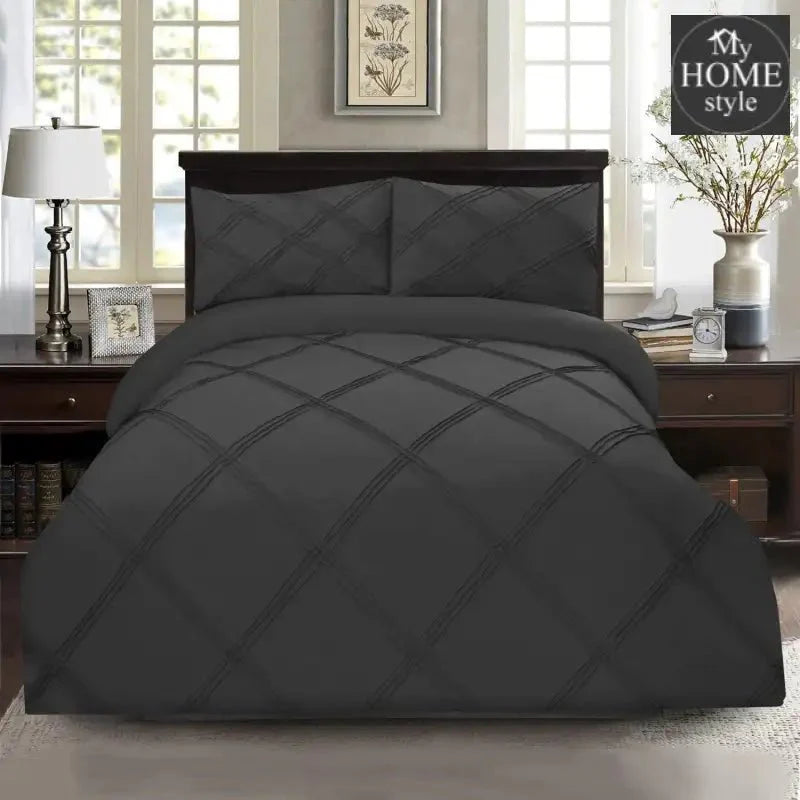 3 Pcs 3 Row Cross Pleated Duvet Set - Grey