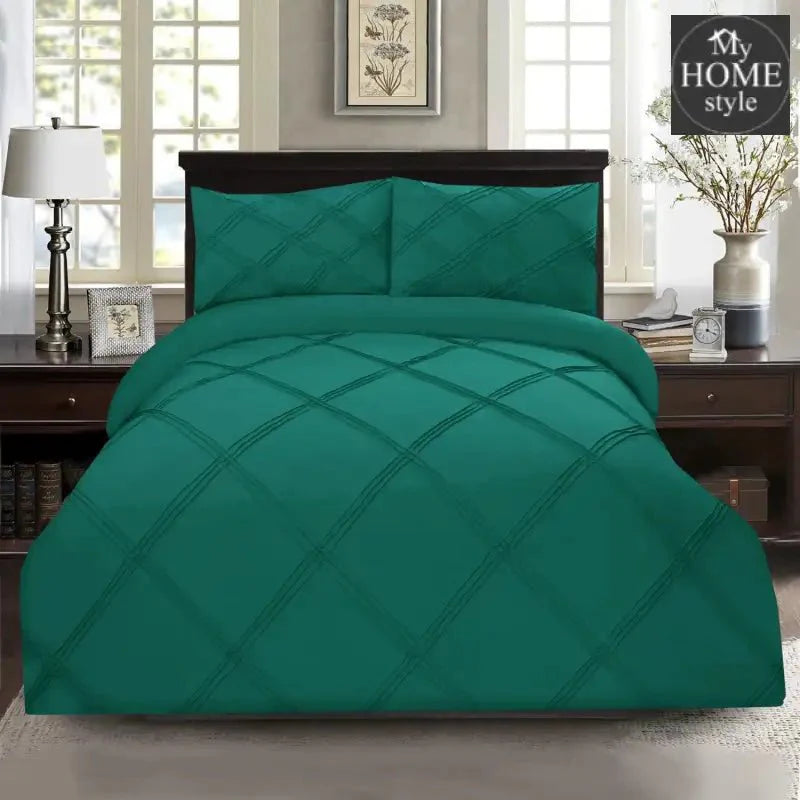 3 Pcs 3 Row Cross Pleated Duvet Set - Teal