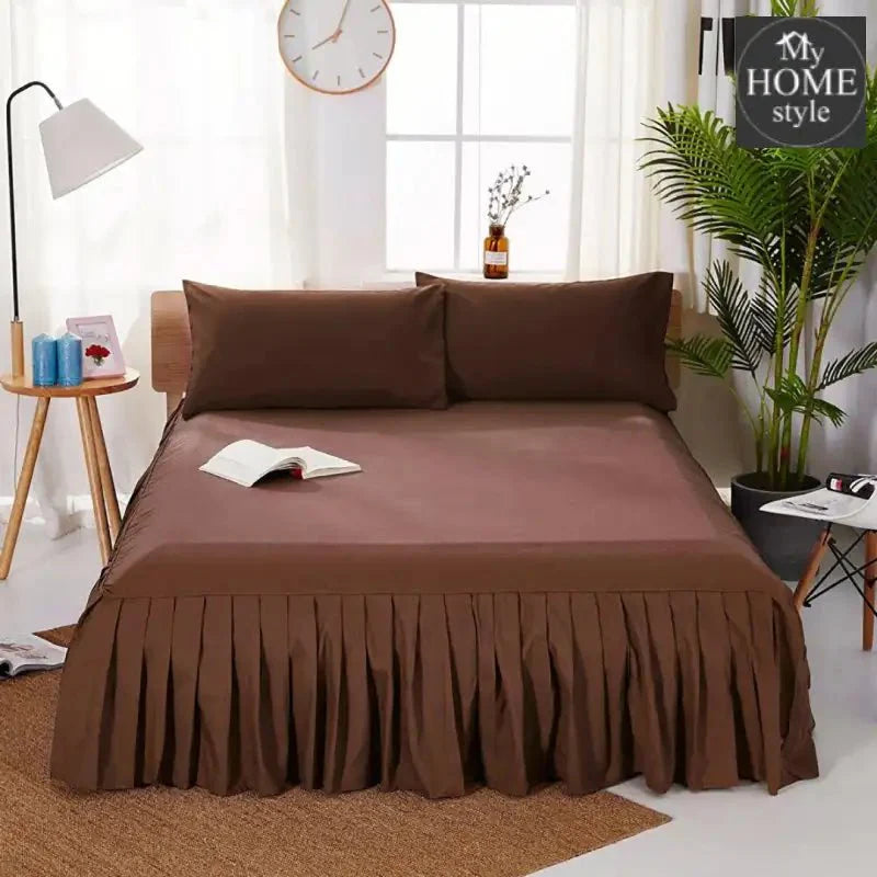 3 PCs Fitted Bed skirt with Pillow cover Brown