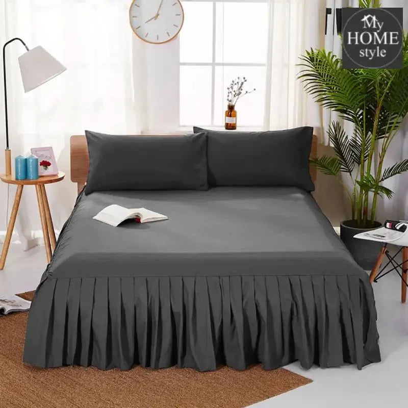 3 PCs Fitted Bed skirt with Pillow cover Dark Grey