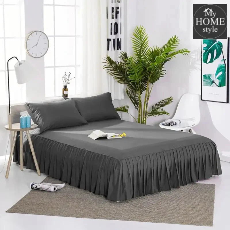 3 PCs Fitted Bed skirt with Pillow cover Dark Grey
