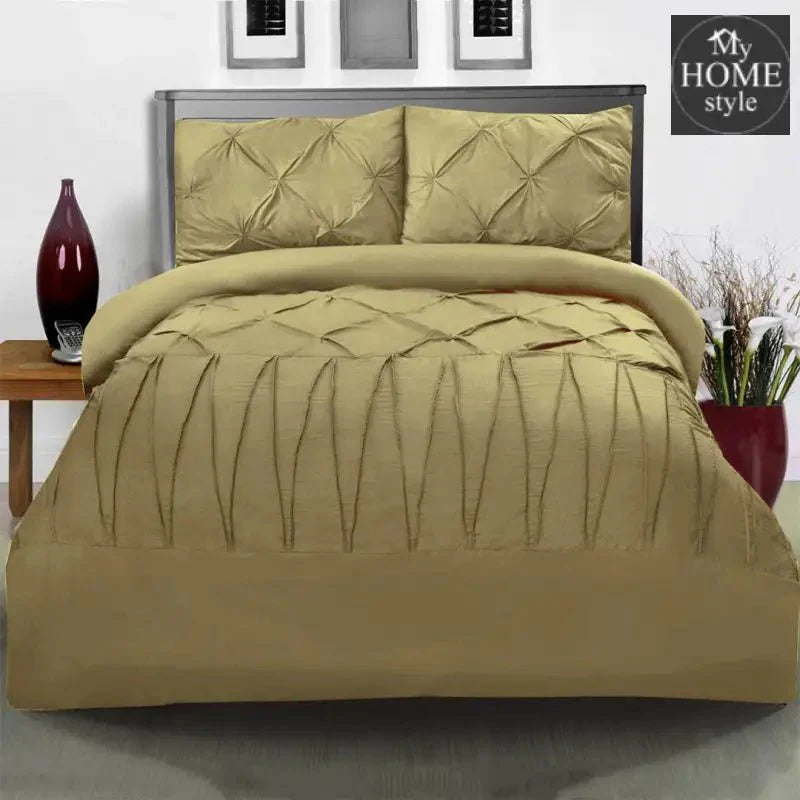 3 Pcs Pintuck & Cross Pleated Duvet Set - Beige SC