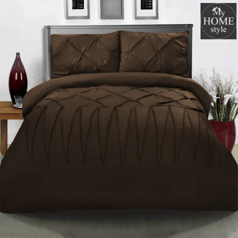 3 Pcs Pintuck & Cross Pleated Duvet Set - Brown SC