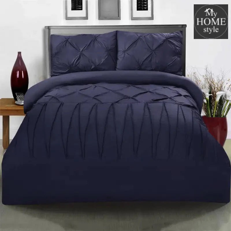 3 Pcs Pintuck & Cross Pleated Duvet Set - Navy SC