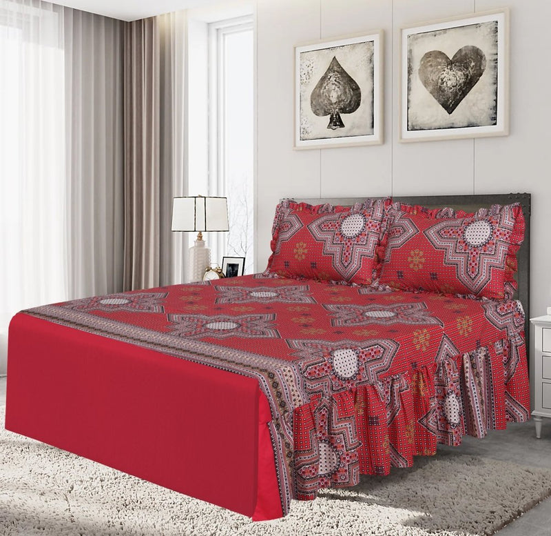 3 PCs Printed Bed skirt with Pillow cover 07