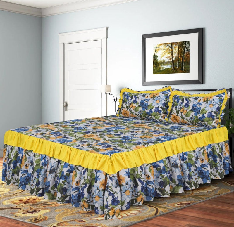 3 PCs Printed Bed skirt with Pillow cover - 1207