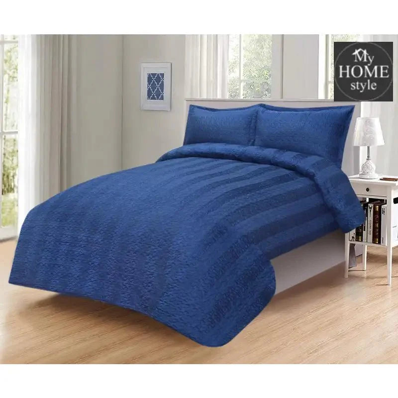 3 Pcs Satin Stripe Luxury Bedspread Navy