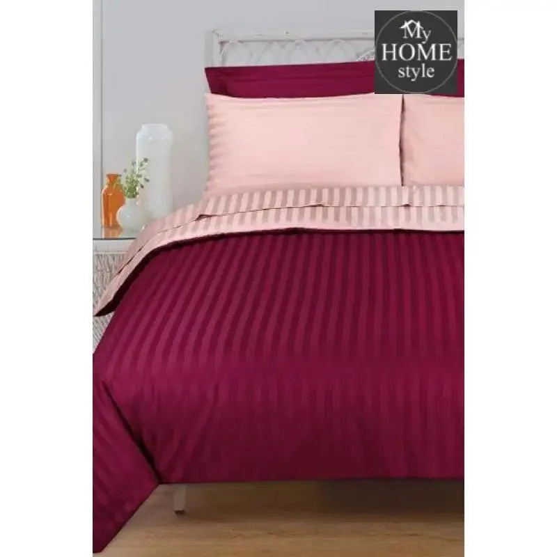 6 Pcs Luxury Tea Pink & Maroon Satin Stripe Duvet Set