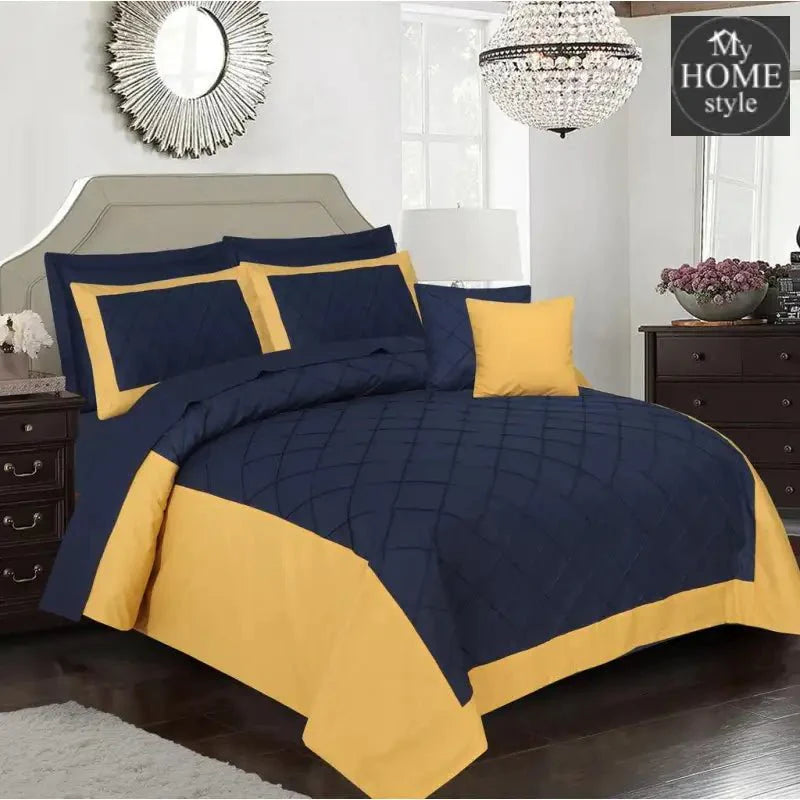 8 Pc's Cross Pleated Duvet Set Yellow & Navy