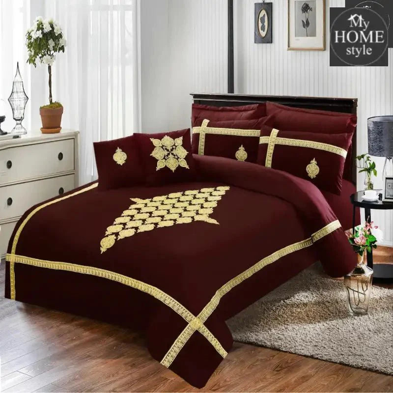 8 PCS Luxury Duvet Set Maroon with Golden Embroidery