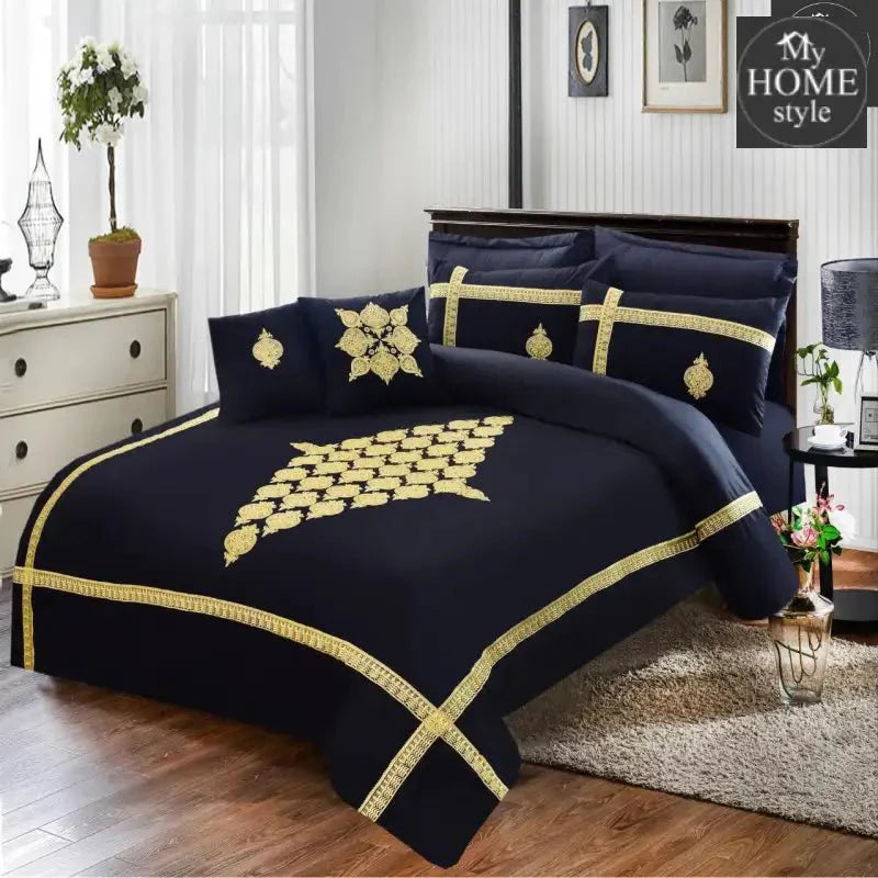 8 PCS Luxury  Duvet Set Navy Blue with golden Embroidery