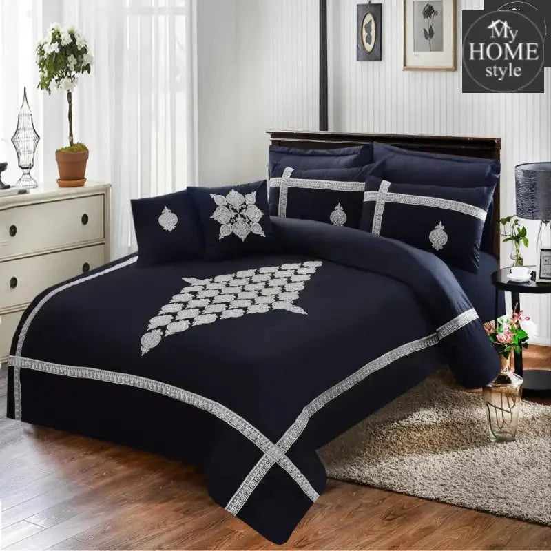 8 PCS Luxury  Duvet Set Navy Blue with Silver Embroidery -SC