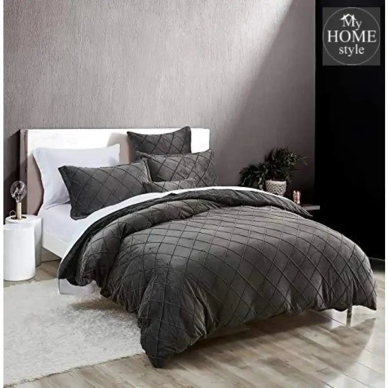 8 Pc's Velvet Cross Pleated Duvet Set - Charcoal