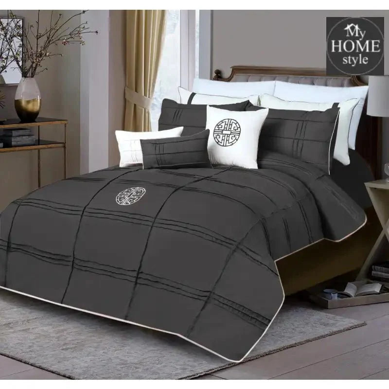 9 Pc's Pleated Embroidered & Corded Duvet Dark Grey