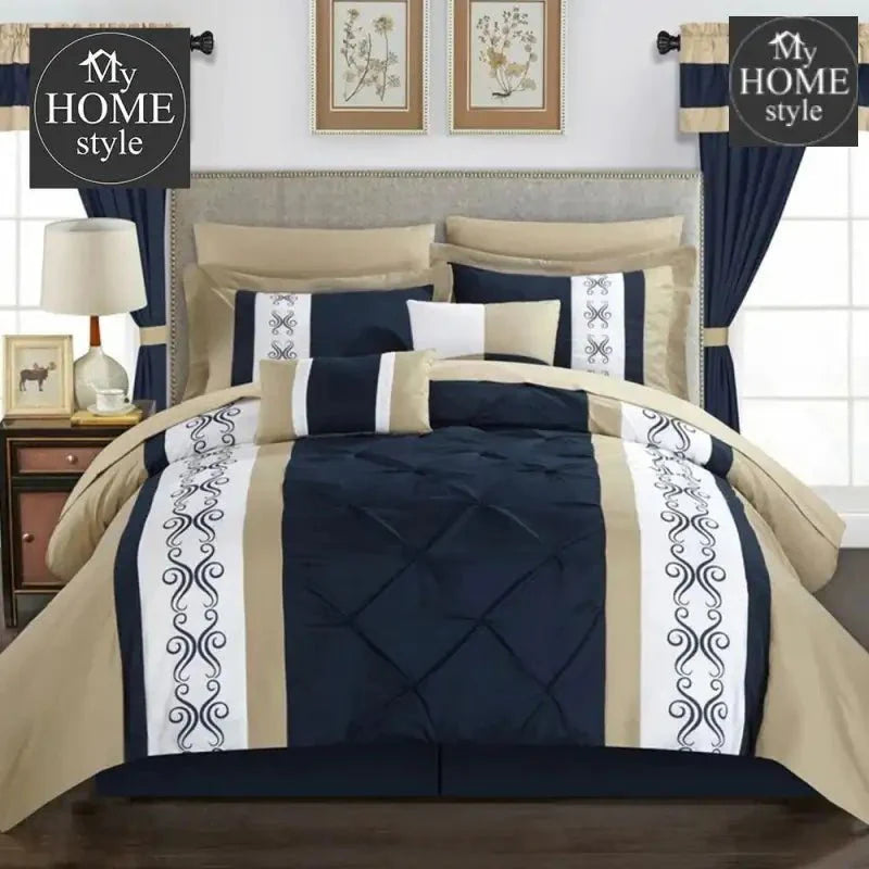 Beige And Navy Embroided Pintuck Duvet Set