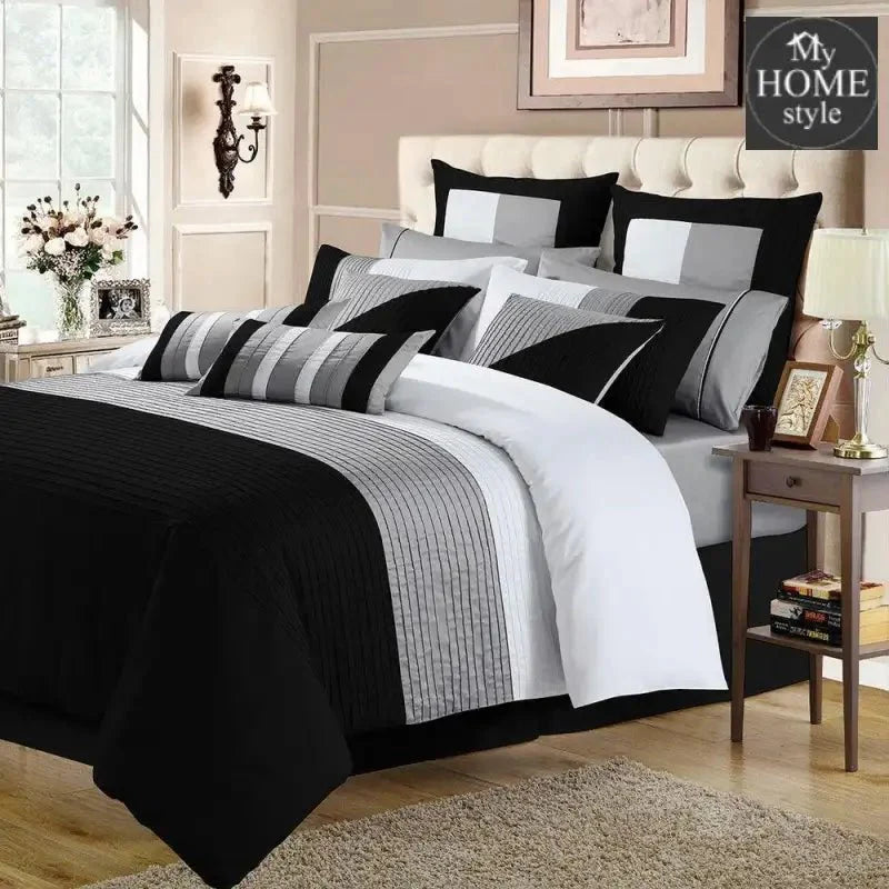 Embellish Horizontal Pleats Duvet Set-Black&Grey