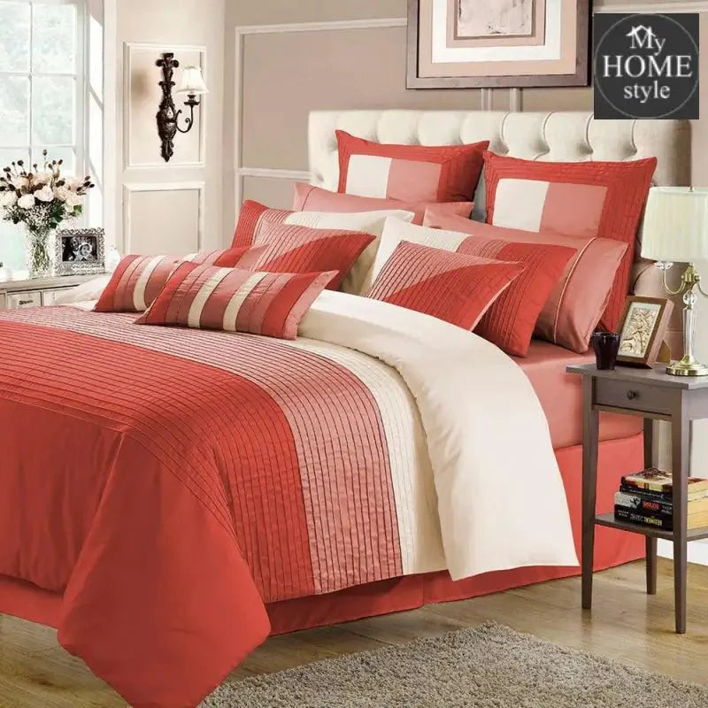 Embellish Horizontal Pleats Duvet Set-Coral&Peach