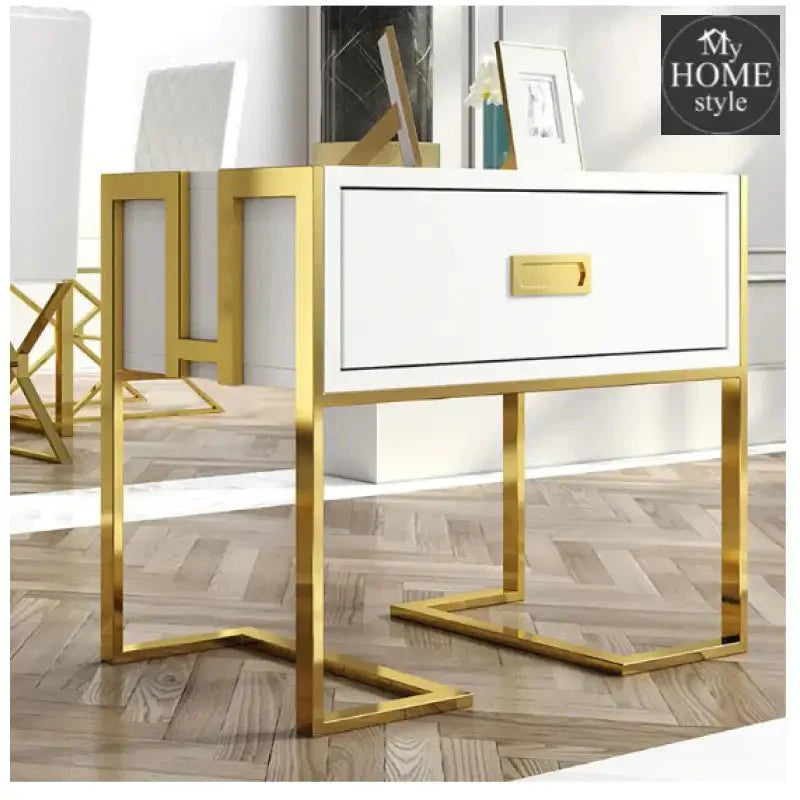 Jocise Modern White Side Table Wooden End Table with 1 Drawer & Golden Double Pedestal -1263