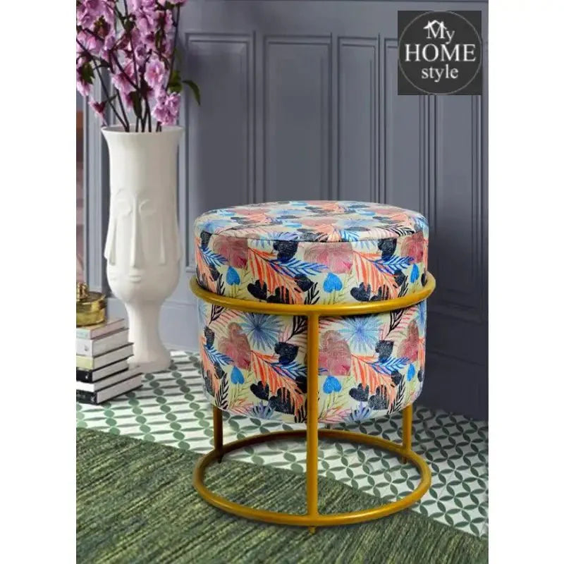 Luxury Wooden Round stool Printed Velvet With Steel Stand -1196