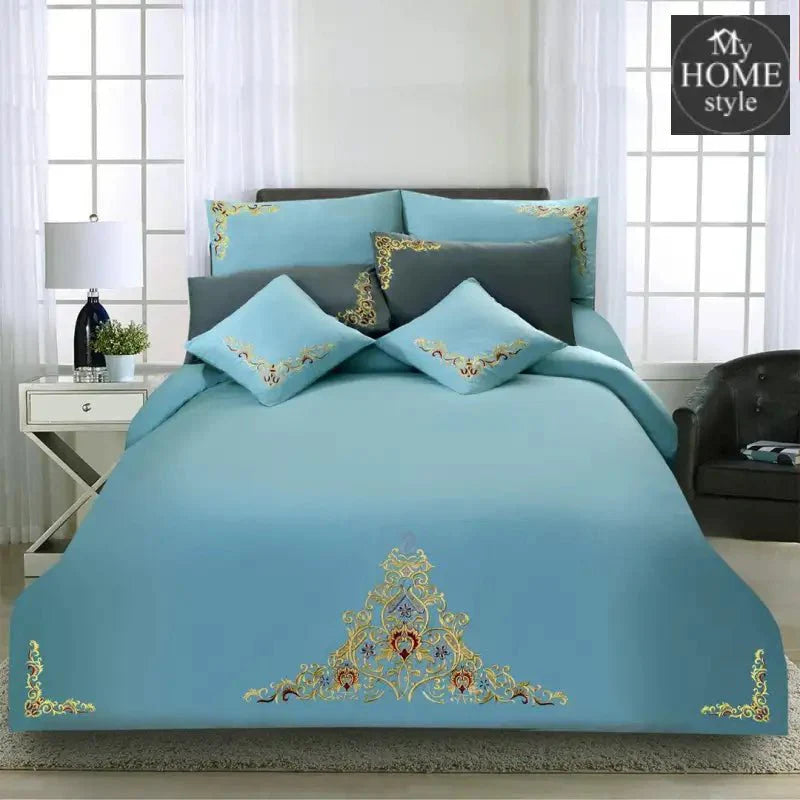 Mariana Centered Embroidered Motif Duvet Cover Set Sky Blue & Grey