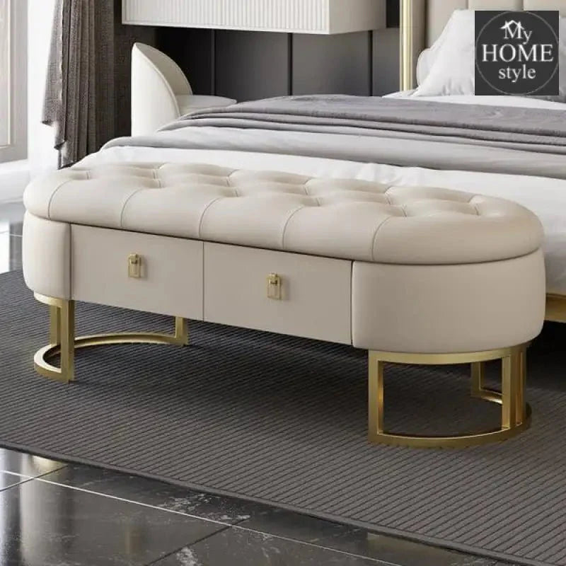 Modern Beige Bedroom Storage Tufted Bench with 2 Drawers in Leather Upholstery -1228