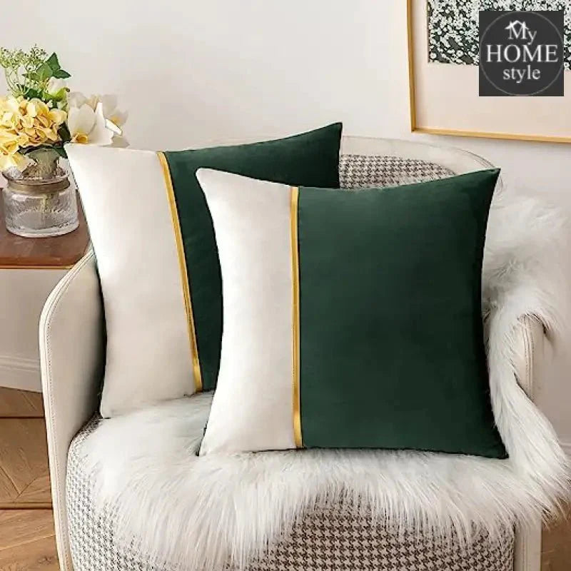 PACK OF 2 VELVET DECORATIVE SQUARE CUSHION - GREEN AND WHITE