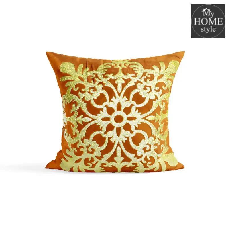 PACK OF 2 VELVET ORANGE CUSHION COVER WITH GOLDEN MOTIF