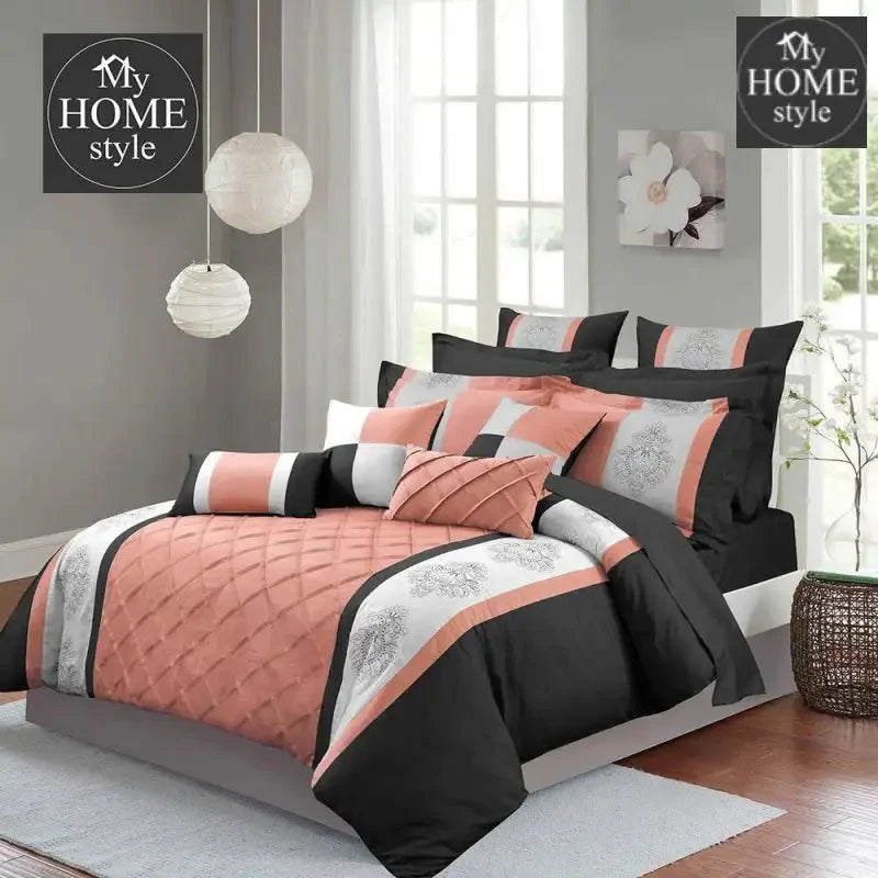 Peach And Black Embroided Pleated Duvet Set