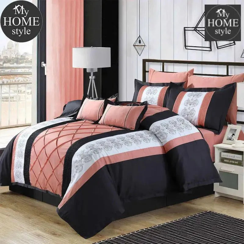 Peach and Black Embroided Pleated Duvet Set