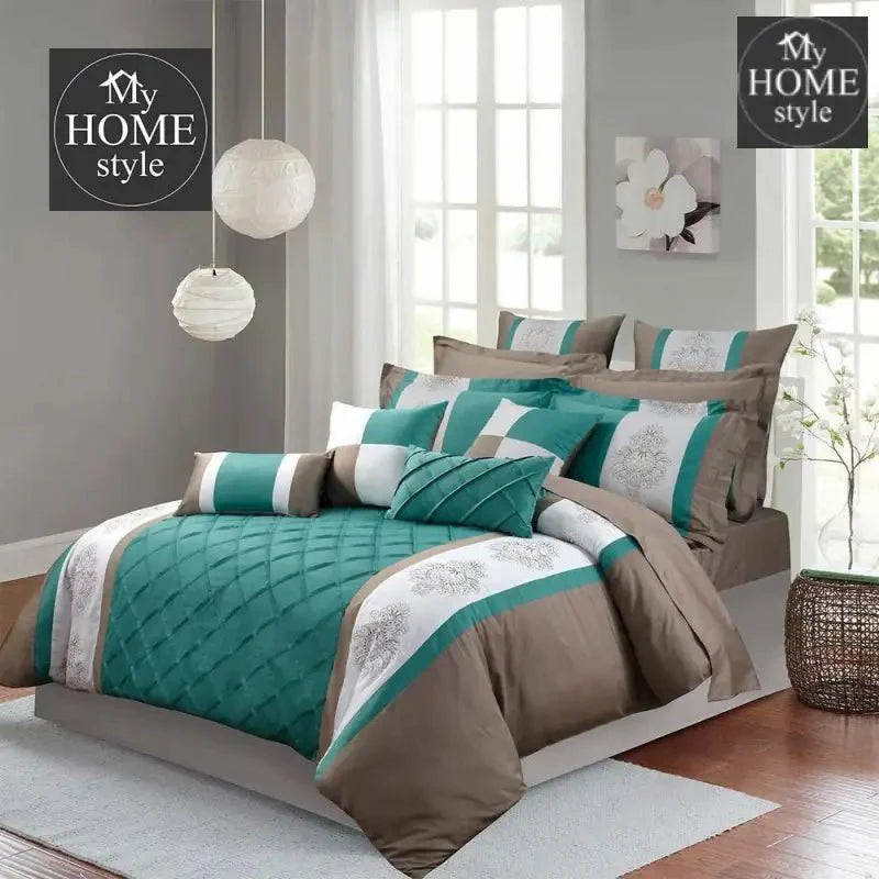 Teal And Coffe Embroided Pleated Duvet Set