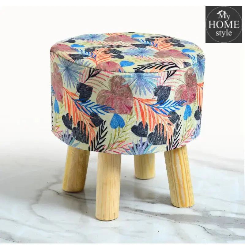 Wooden Printed Velvet Round Stool-1194